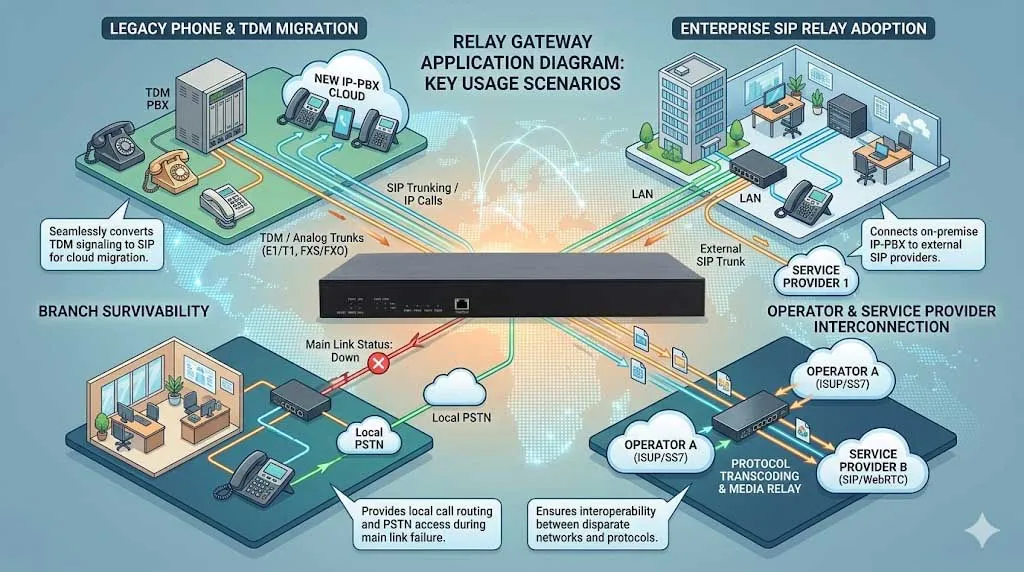 Trunk gateway applications in enterprise PBX migration, SIP trunk adoption, branch survivability, and carrier interworking