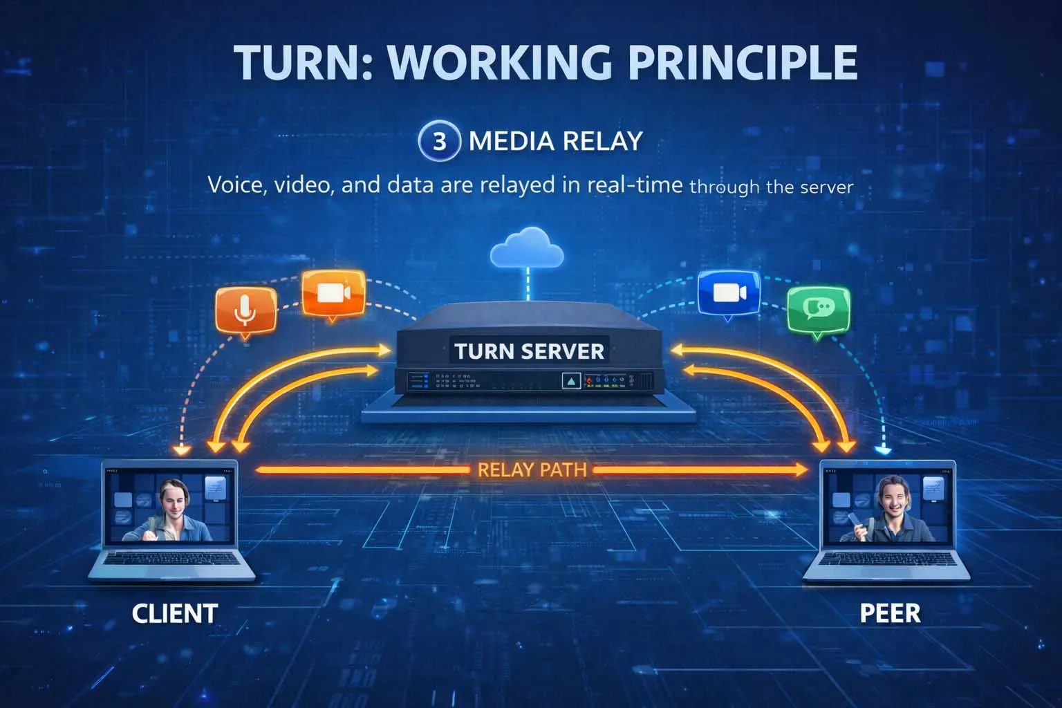 Voice video and real-time data sessions relayed through a TURN server in different application scenarios