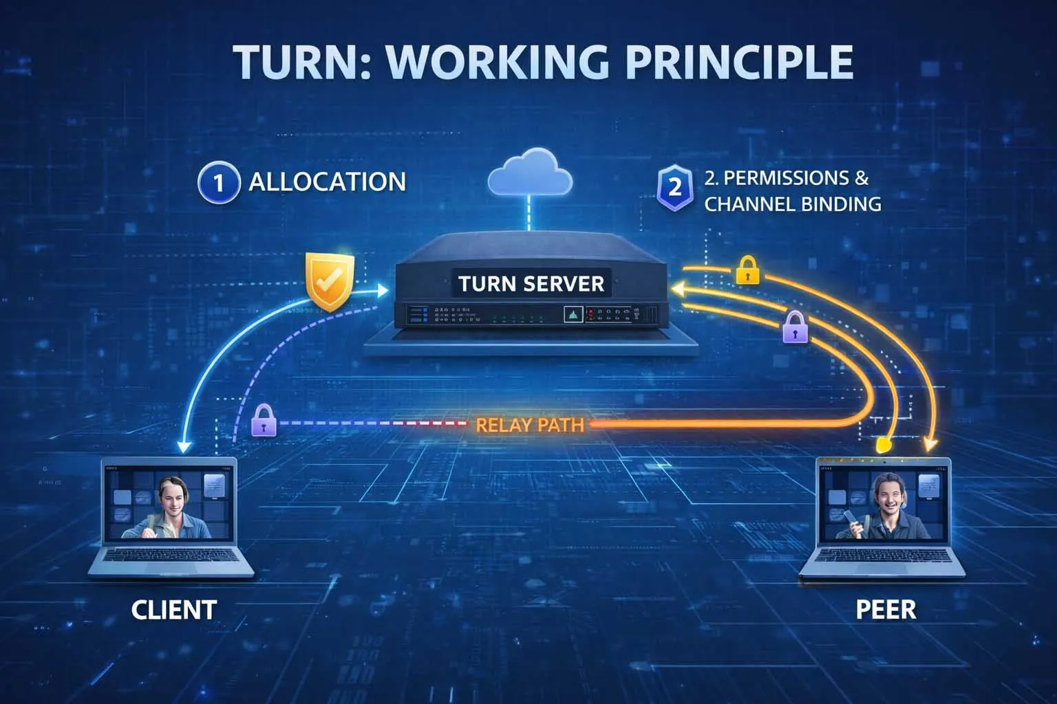TURN allocation permissions and channel binding workflow for relayed communication