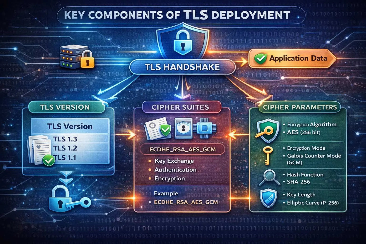 TLS handshake sequence with client hello, server certificate presentation, key agreement, and encrypted session establishment across a secure network path.