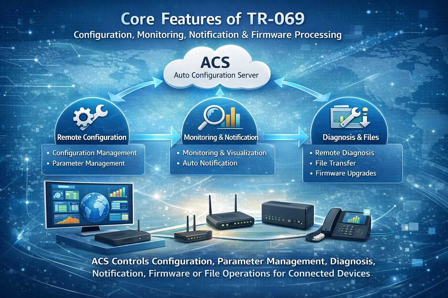ACS workflow for TR-069 showing provisioning, parameter management, firmware updates, diagnostics, and event reporting