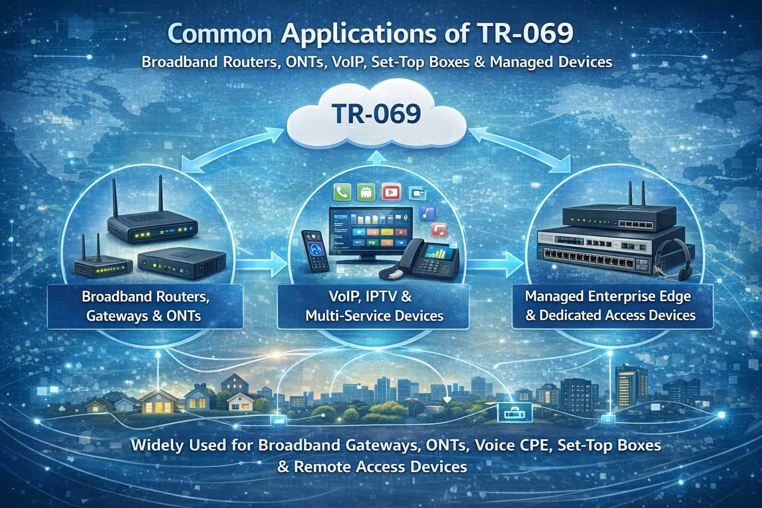 TR-069 used for routers, fiber ONTs, VoIP gateways, set-top boxes, and managed access devices across broadband networks