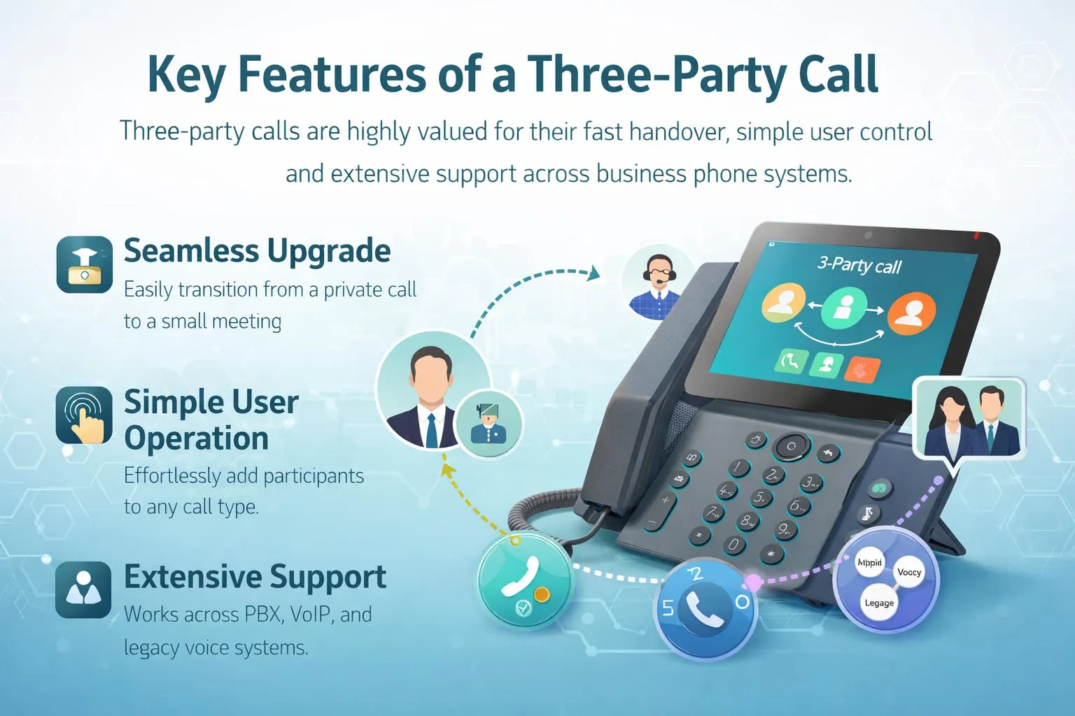 Business phone with conference key showing three-way calling features such as call merge, hold, and quick escalation