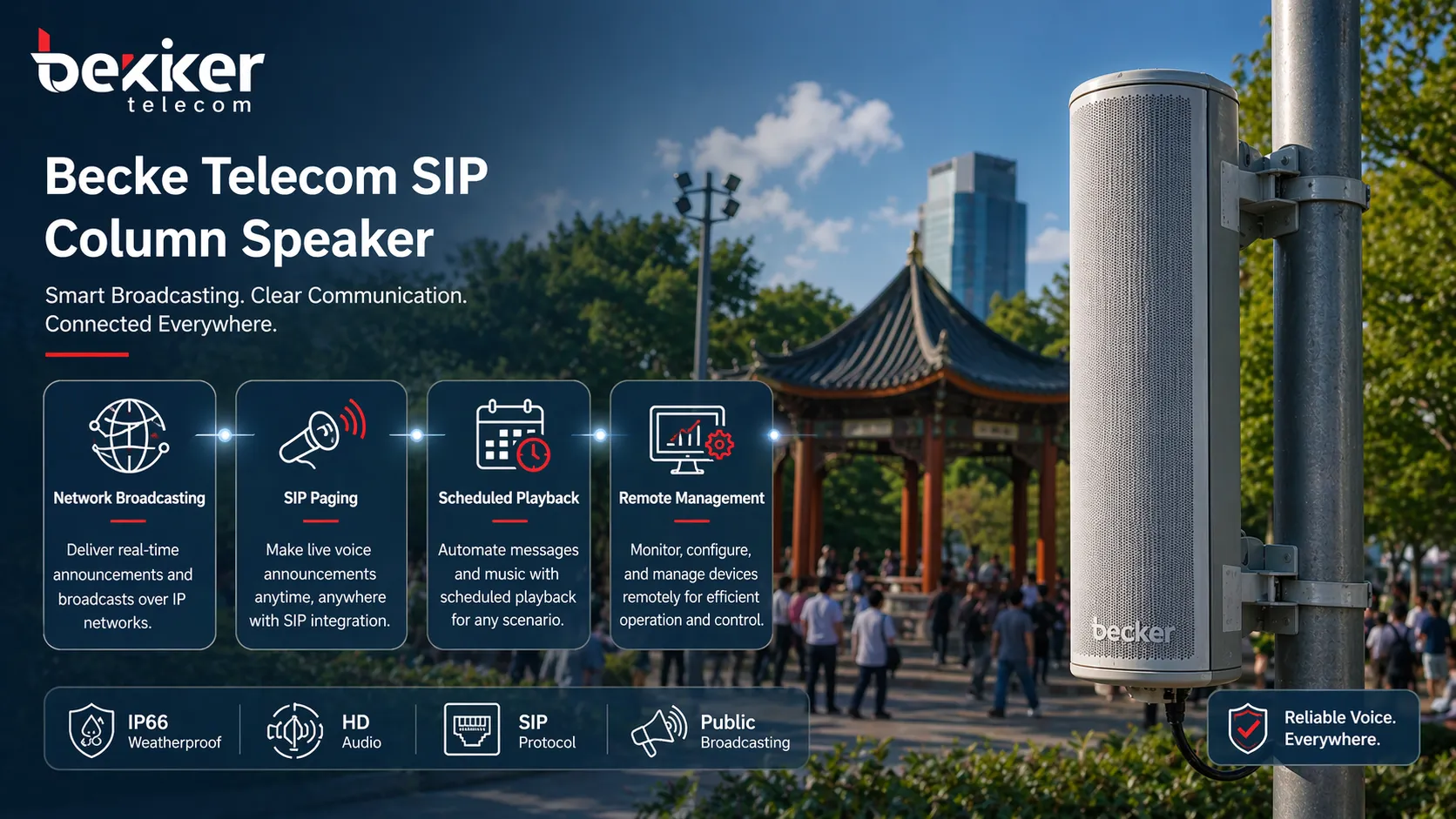 Becke Telcom SIP column speaker features including network broadcasting, SIP paging, scheduled playback, and remote management