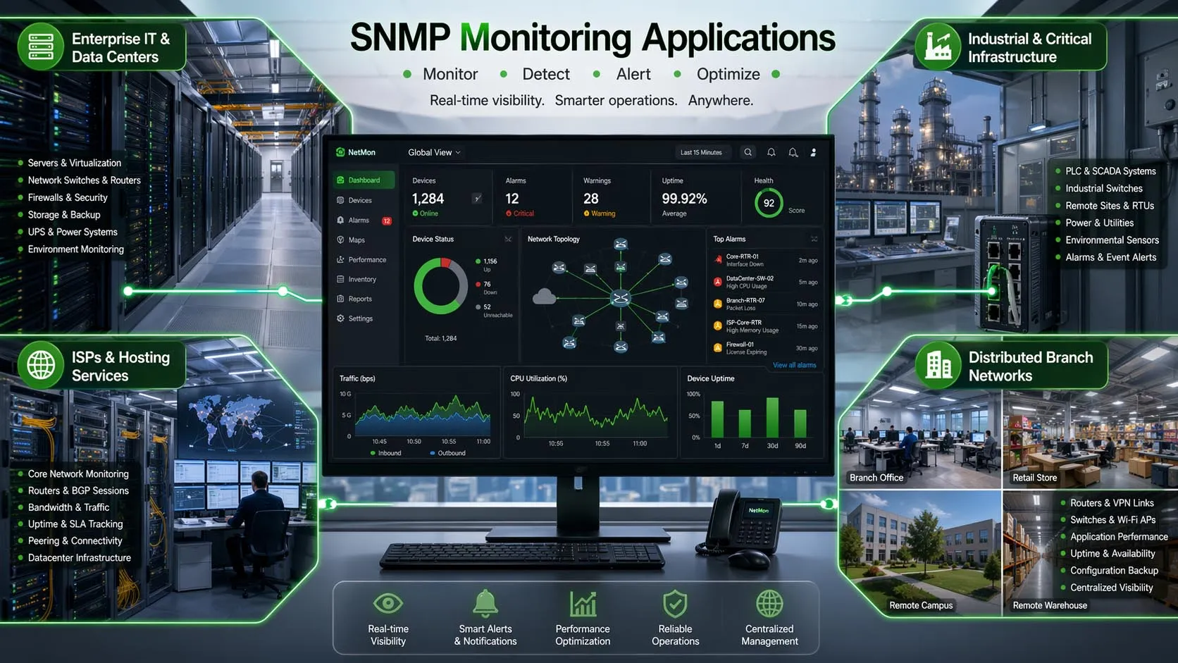 SNMP monitoring used across enterprise networks, industrial facilities, branch offices, and critical infrastructure sites