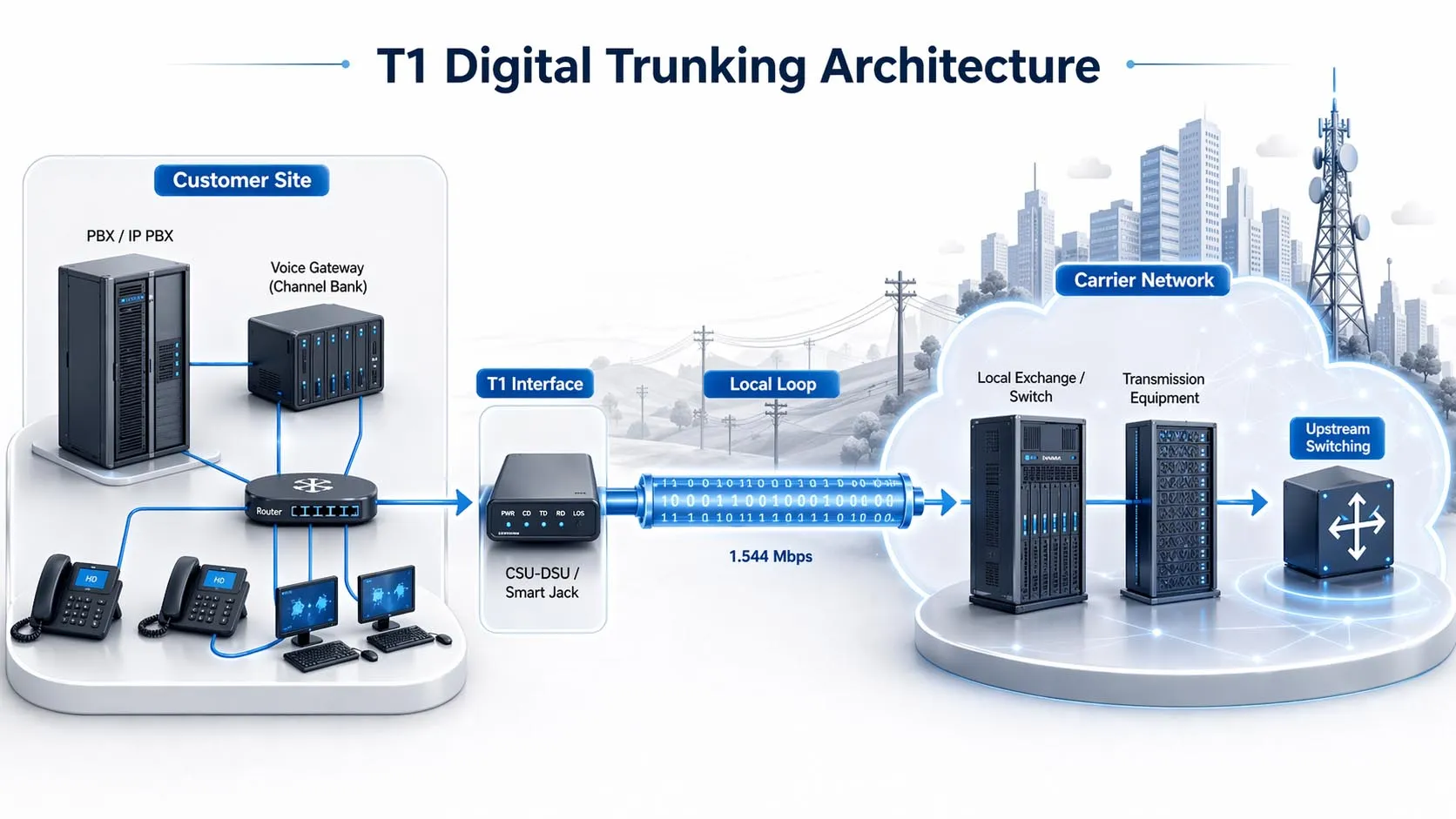 T1 digital trunk network architecture showing PBX or router, CSU DSU, local loop, carrier central office, and public network