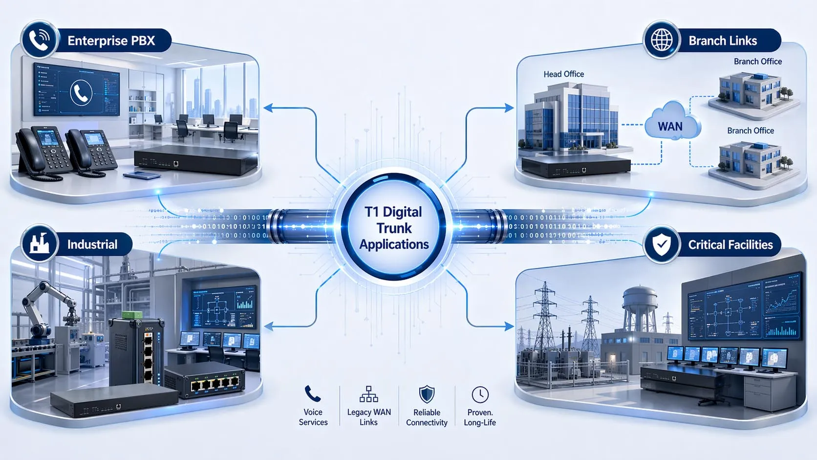 T1 digital trunk used in enterprise PBX systems, branch office connectivity, and critical industrial or utility communications