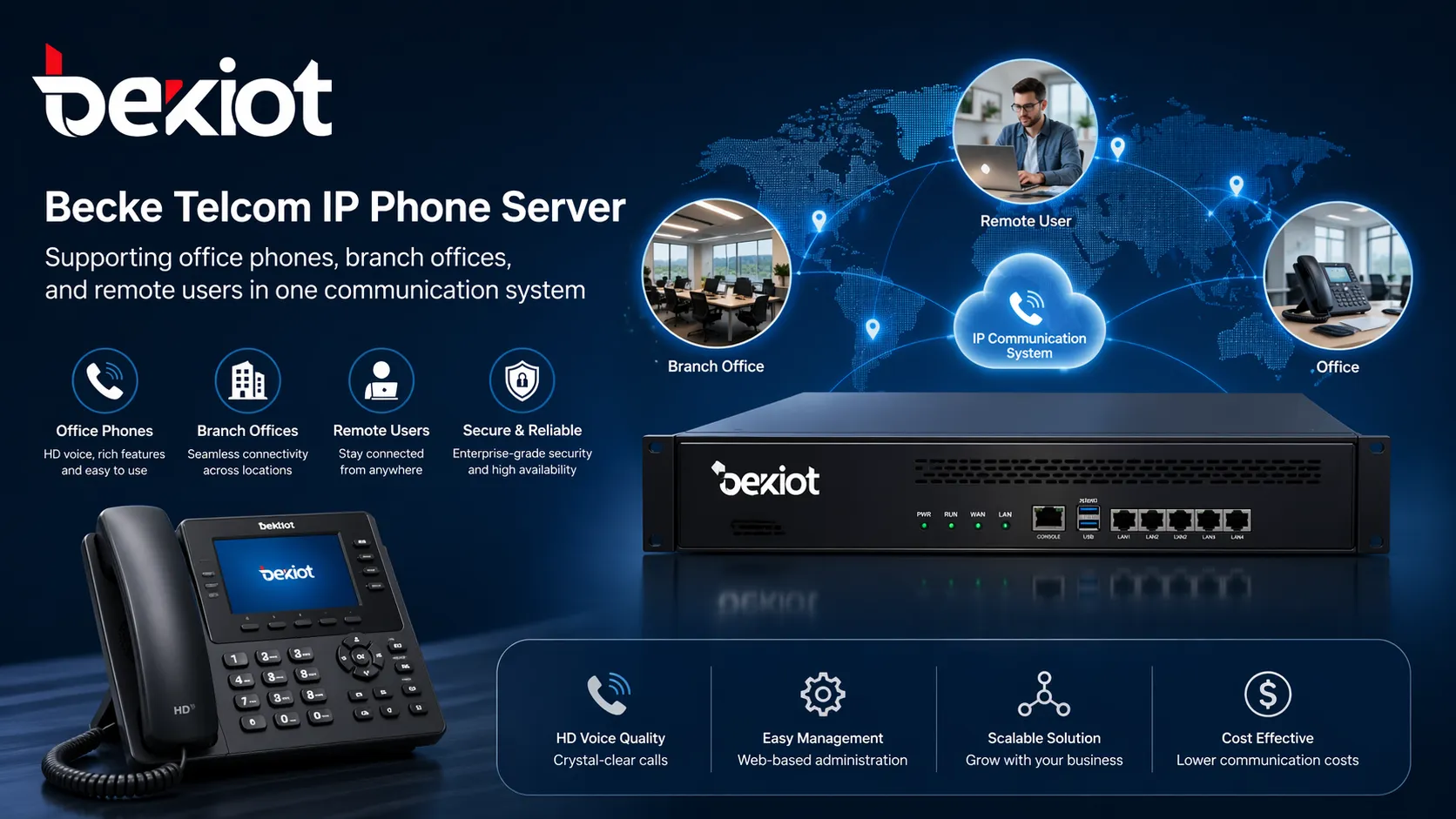 Becke Telcom IP phone server supporting office phones, branch offices, and remote users in one communication system