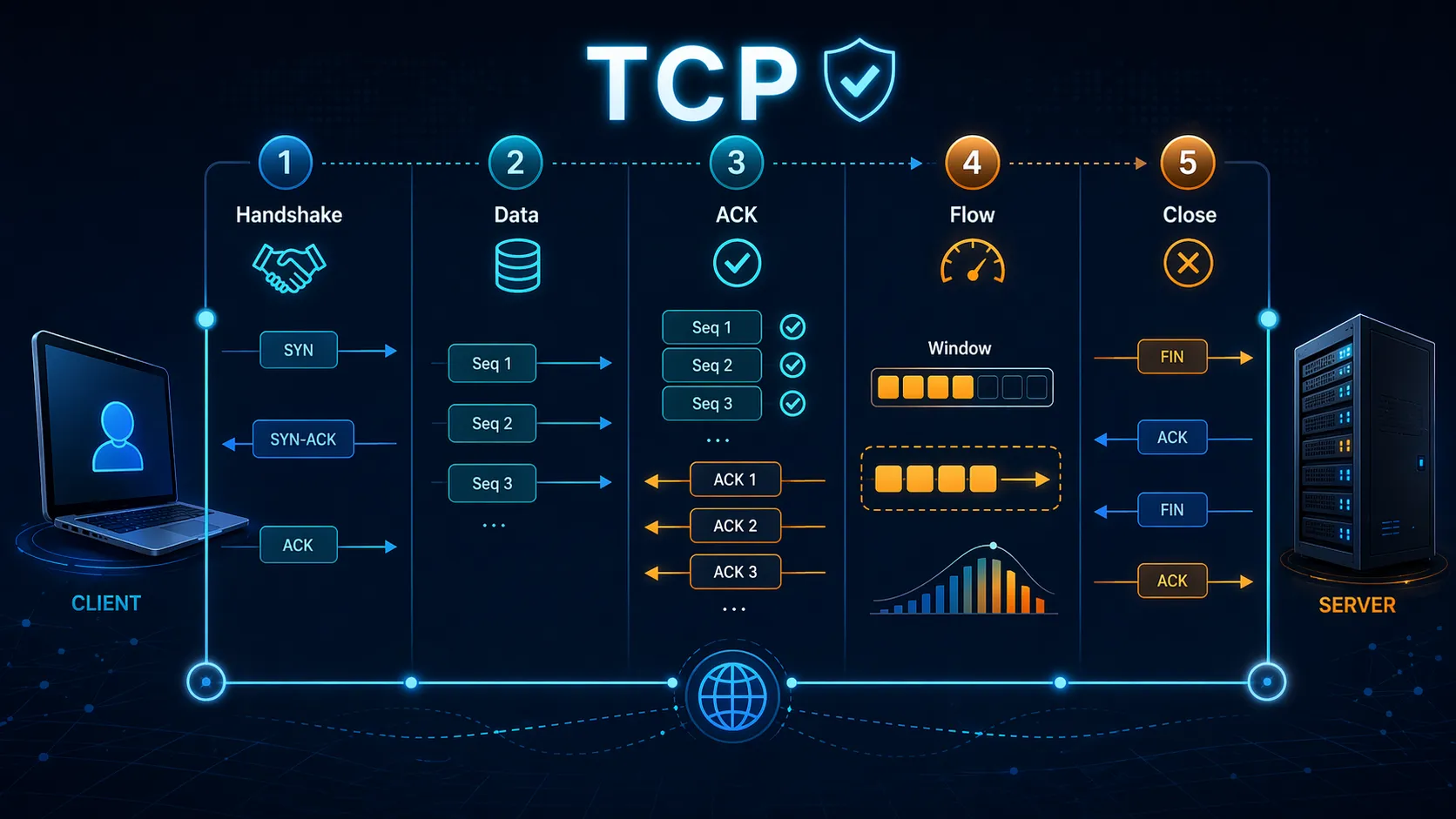 Illustration of TCP handshake followed by ordered segment delivery and acknowledgment exchange