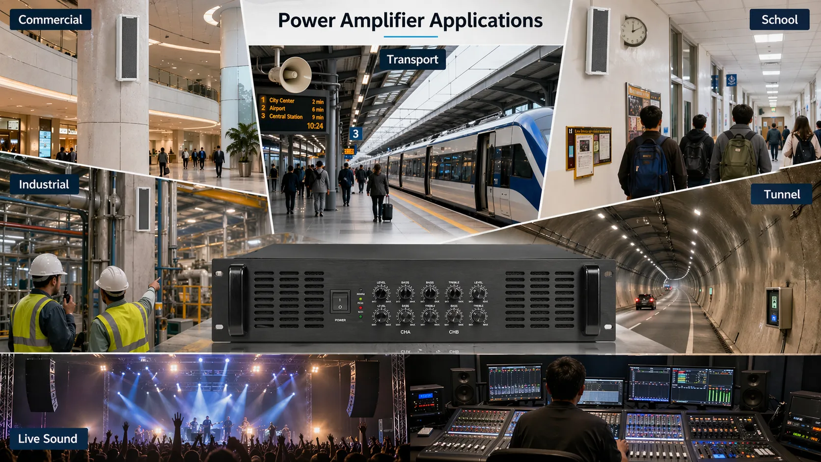 Power amplifier supporting industrial paging and emergency voice broadcasting at a large facility