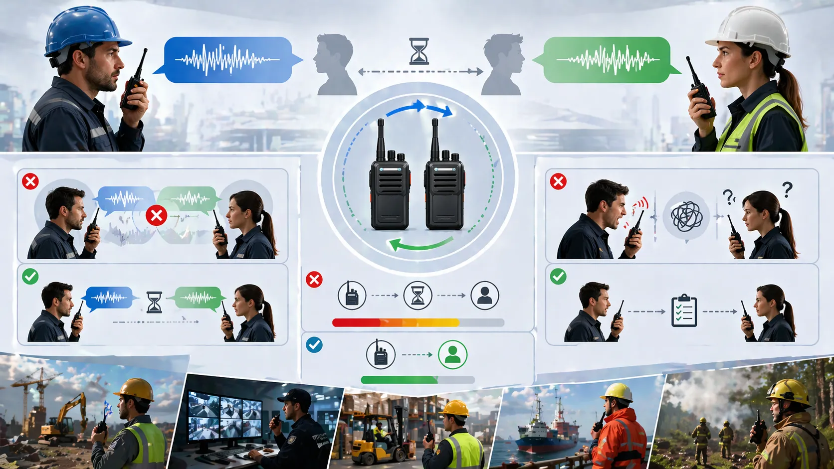 Half-duplex communication used in field operations where users transmit one at a time over a shared channel