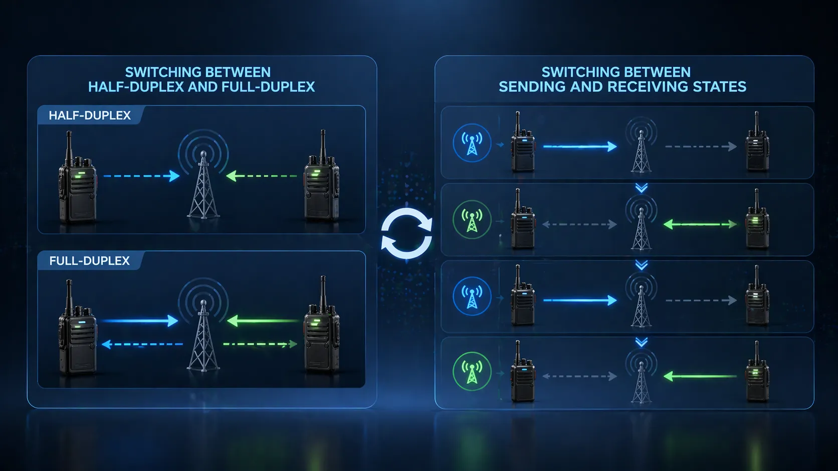 Different duplex mode switching types including full-to-half duplex switching and transmit-receive state switching