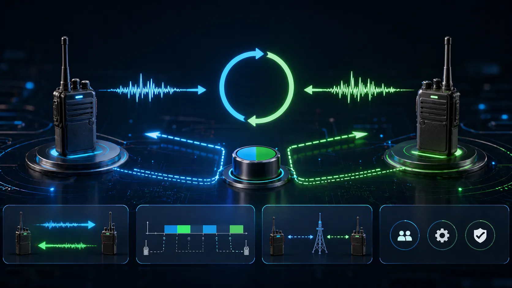 Duplex mode switching concept showing communication moving between full-duplex, half-duplex, and transmit-receive states