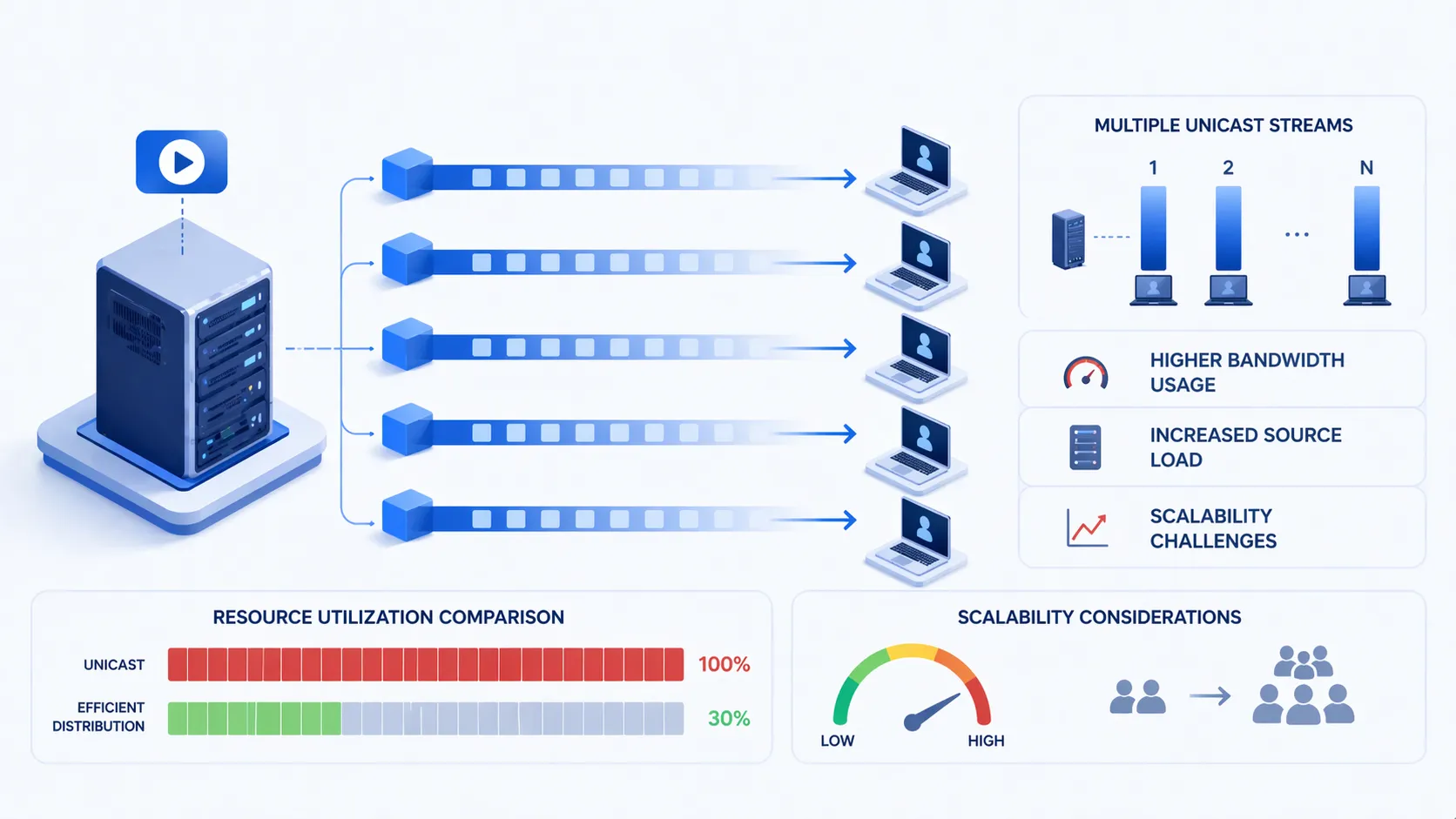 Unicast scaling example showing one source sending multiple separate streams to many receivers