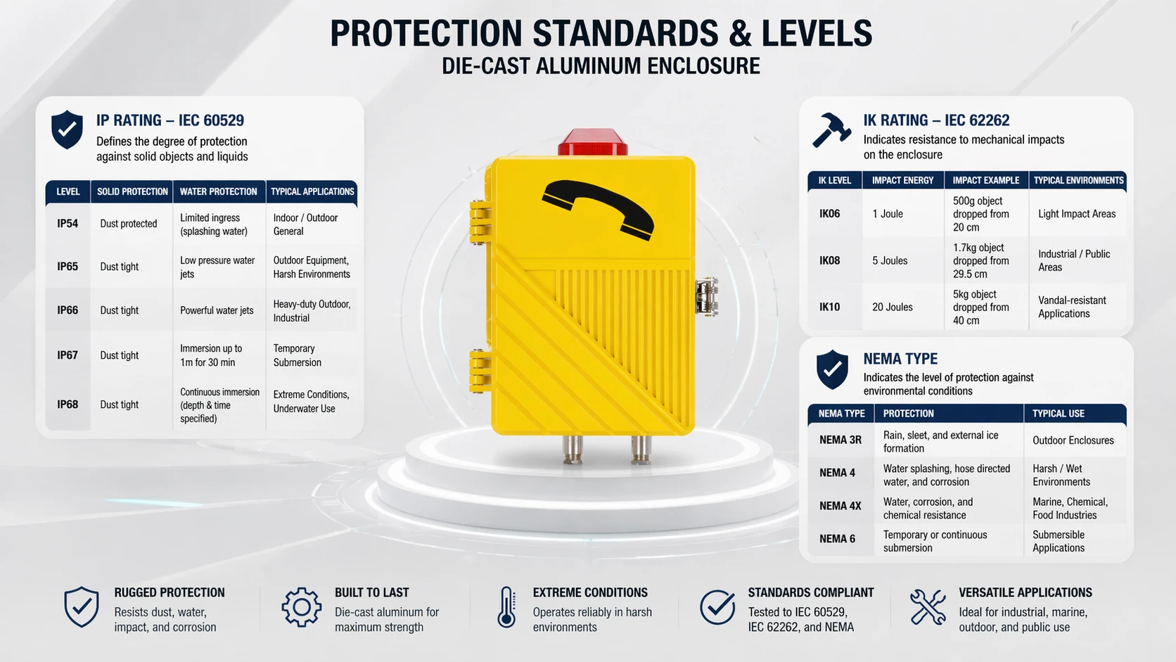 Die-cast aluminum enclosure with emphasis on IP ingress protection, IK impact resistance, and NEMA type considerations