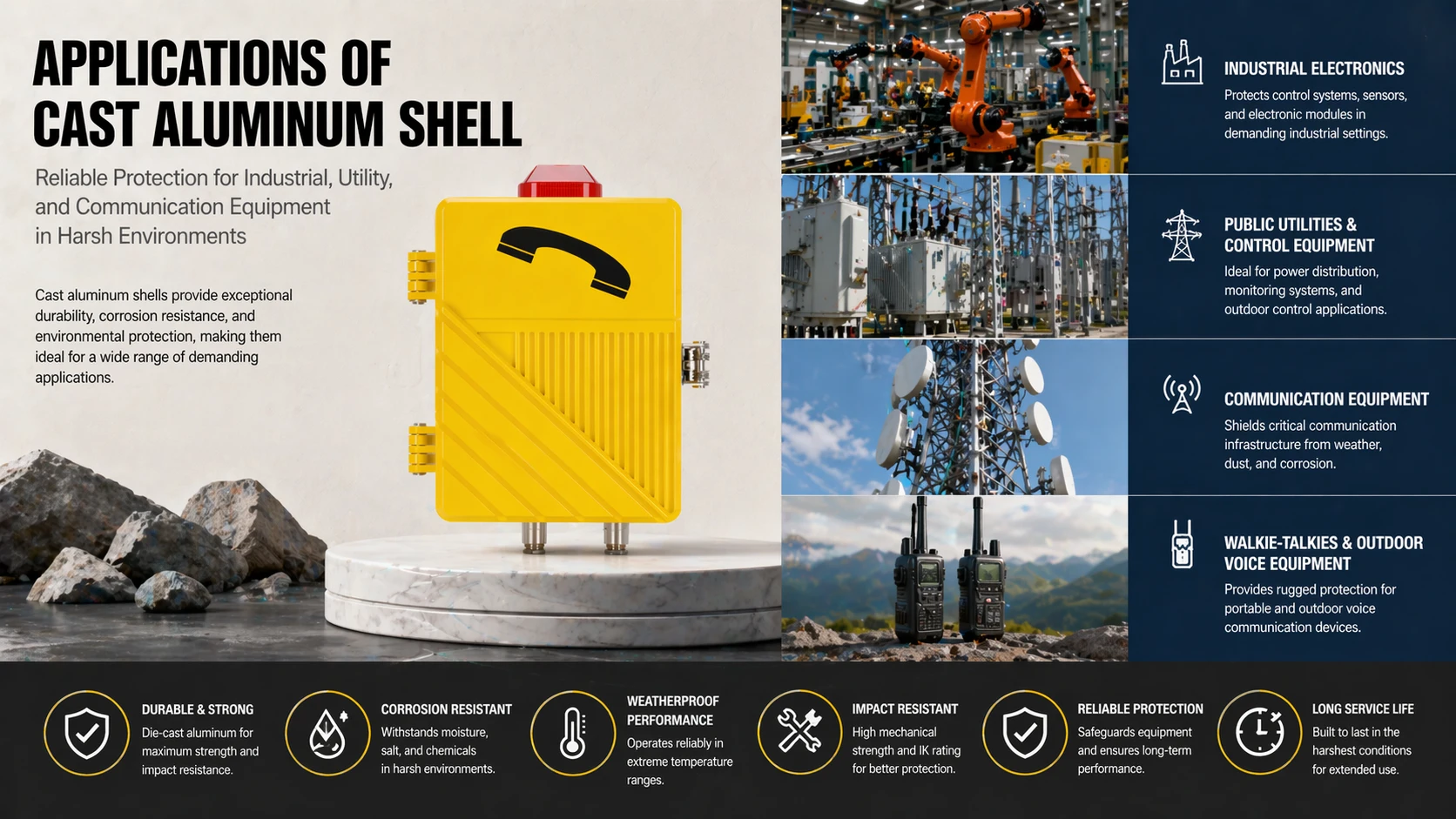 Die-cast aluminum enclosures used in industrial electronics, outdoor intercoms, and harsh-environment communication equipment