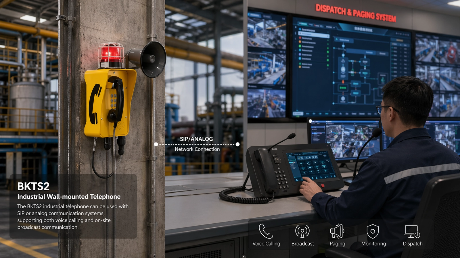 BKTS2 SIP or analog industrial wall-mounted telephone connected to dispatch and paging systems