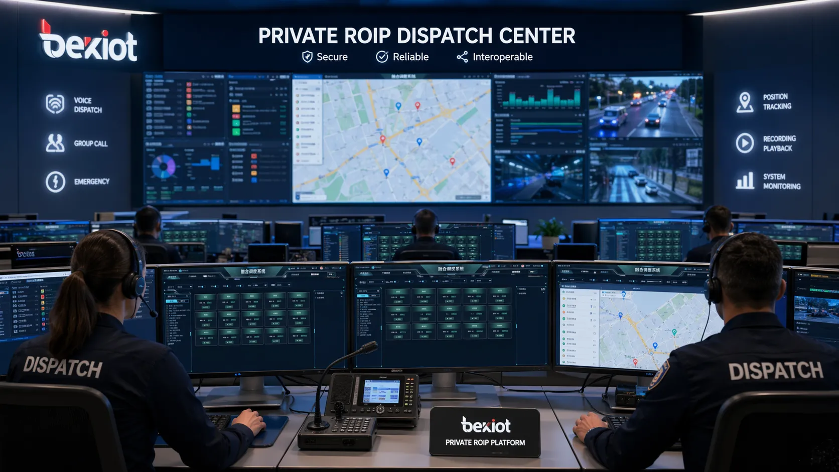Photo of a modern public safety dispatch center with multiple operator screens displaying a private ROIP console interface