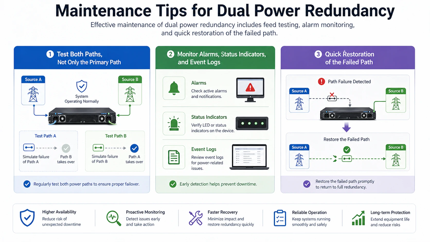 Dual power redundancy maintenance showing feed testing, alarm review, and replacement of failed power modules
