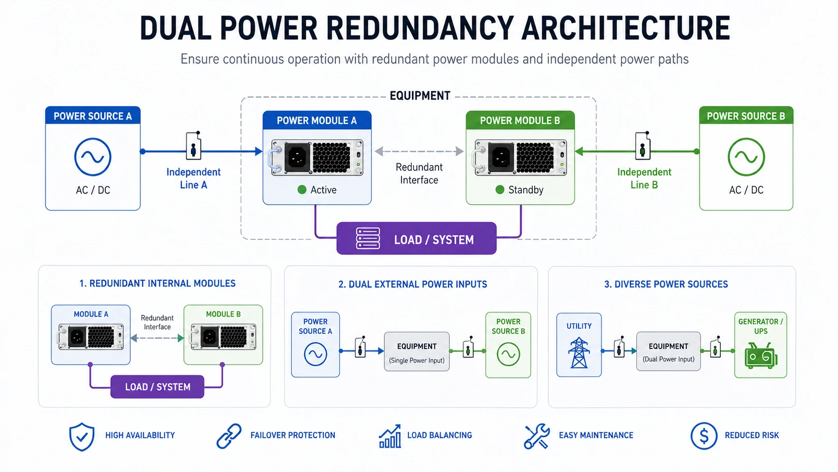 Dual power redundancy architectures including redundant internal power supplies and dual external feed inputs