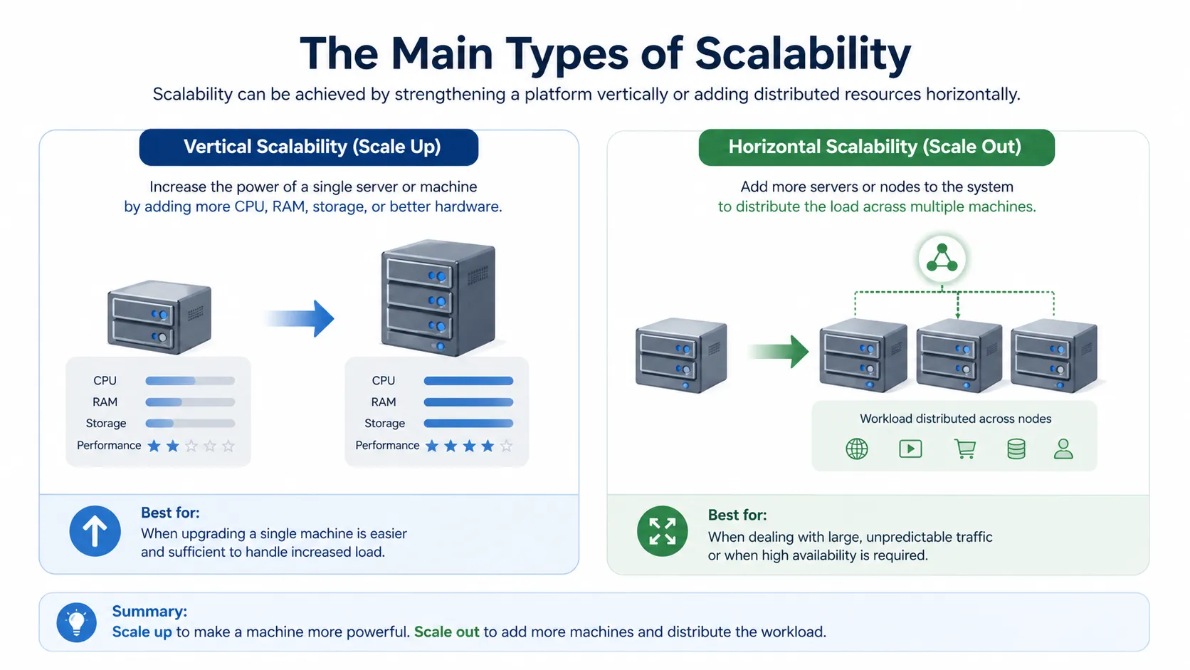 Vertical and horizontal scalability shown through server growth and distributed system expansion