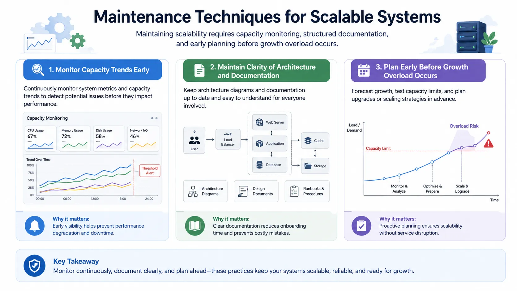 Scalability maintenance showing capacity monitoring, architecture documentation, and staged system expansion planning