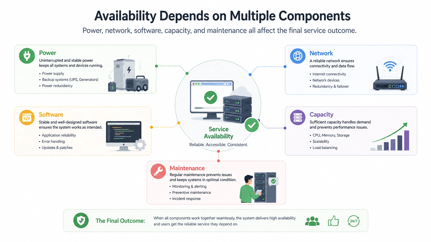 Availability factors including power resilience, network continuity, software stability, and capacity planning