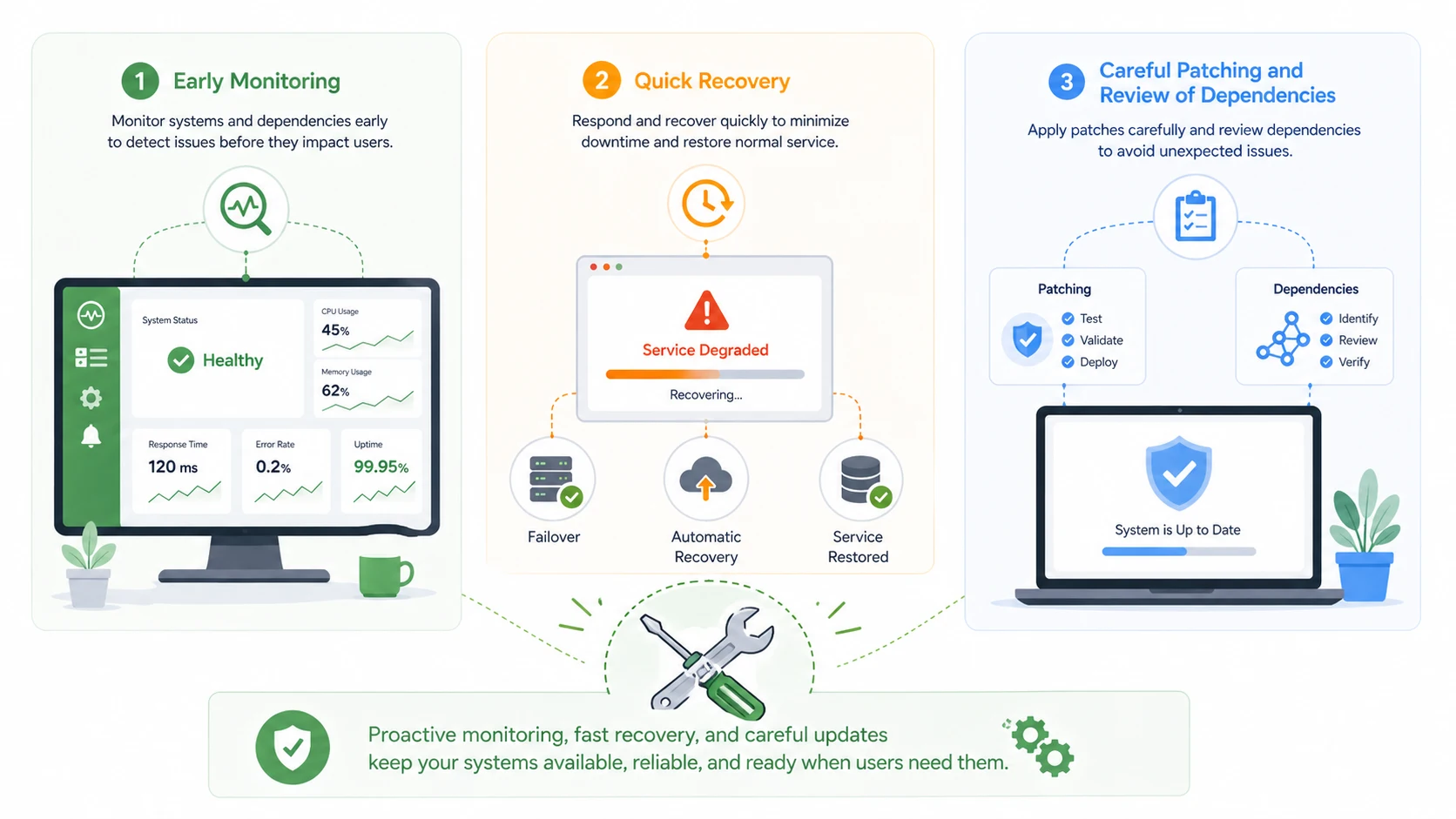 Availability maintenance showing monitoring dashboards, failover readiness, incident response, and controlled update procedures