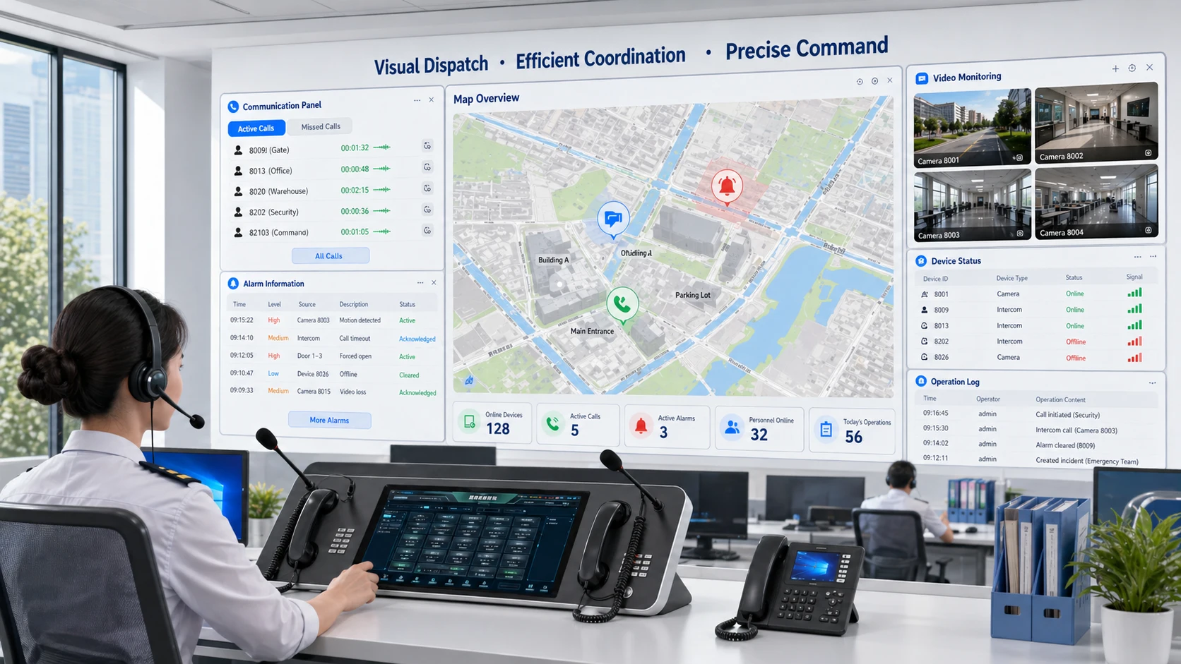 Visual dispatching system showing map-based control, live video, SIP communication panels, and alarm windows