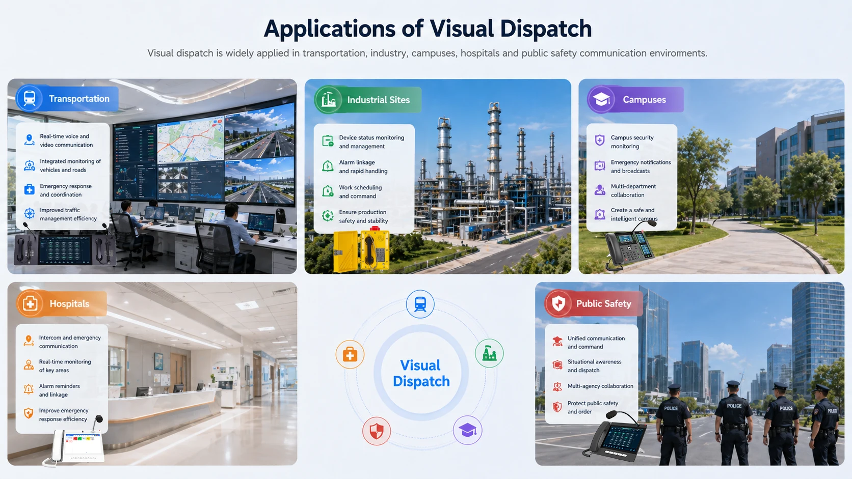 Visual dispatching applications across transport systems, industrial sites, campuses, and public safety control rooms