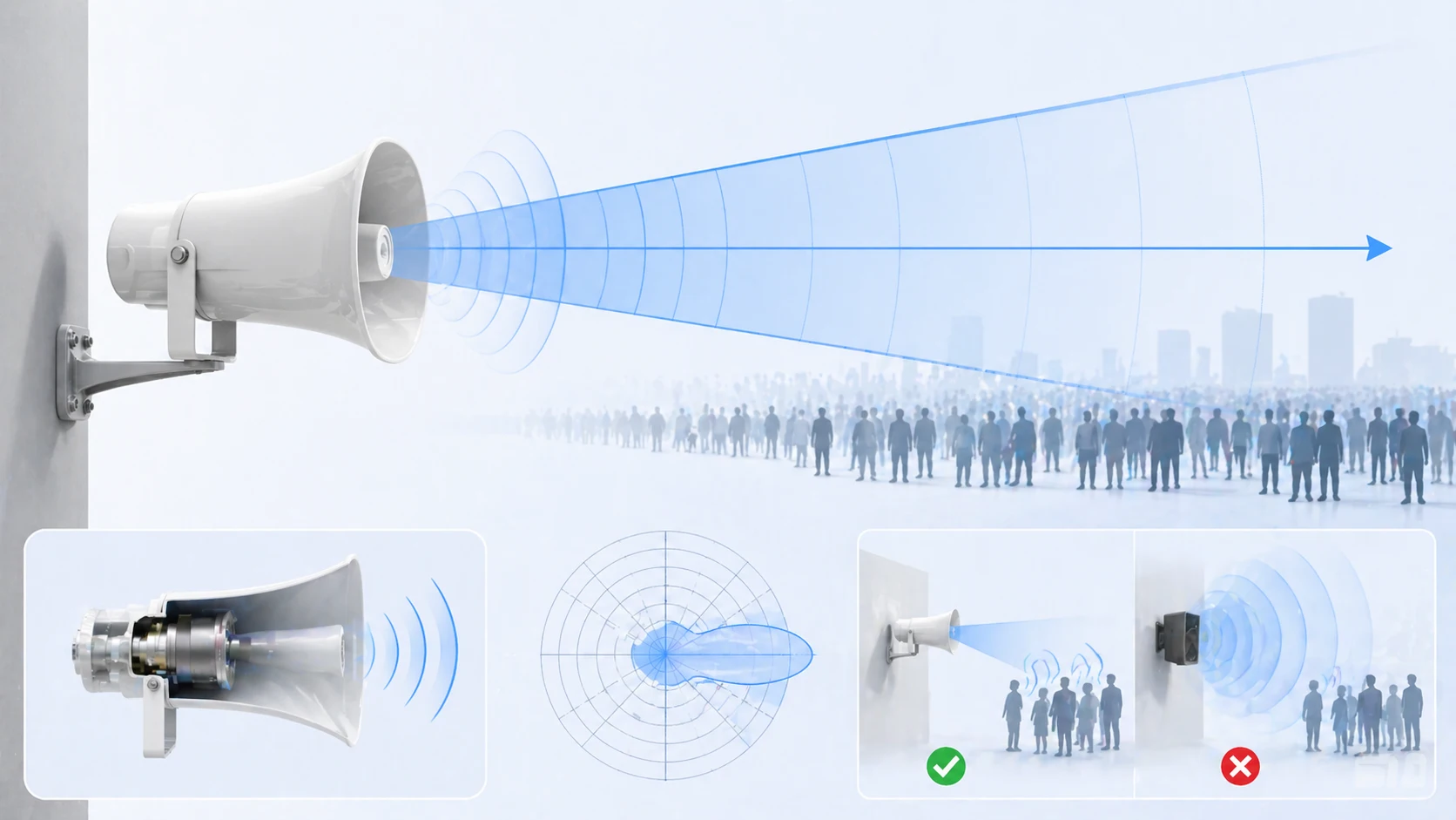 Horn speaker showing directional sound projection and high-efficiency voice coverage in an outdoor site