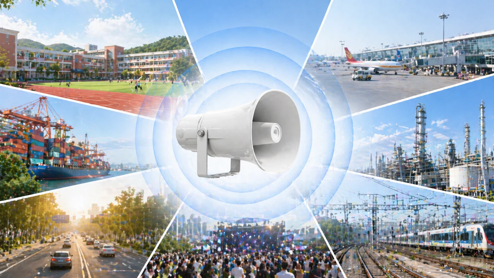 Horn speaker applications across industrial paging, transport systems, public address, and emergency broadcast environments
