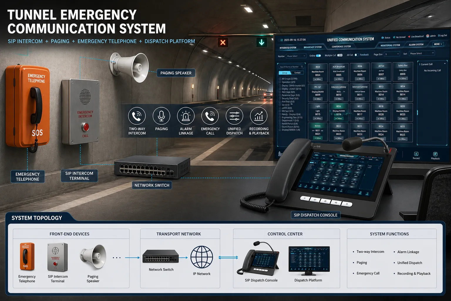 Tunnel emergency communication system with SIP intercom, paging speakers, emergency telephones, and control room dispatch platform