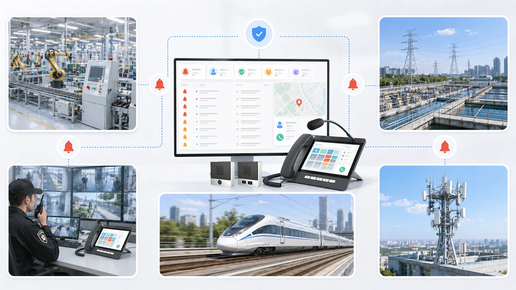 Alarm acknowledgment applications across industrial monitoring, security operations, transport control, and communication systems