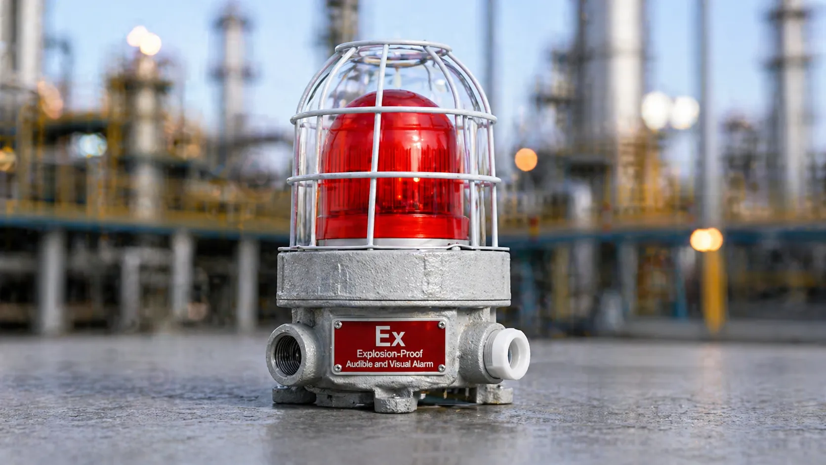 Explosion-proof audible and visual alarm with red warning light for hazardous industrial safety applications