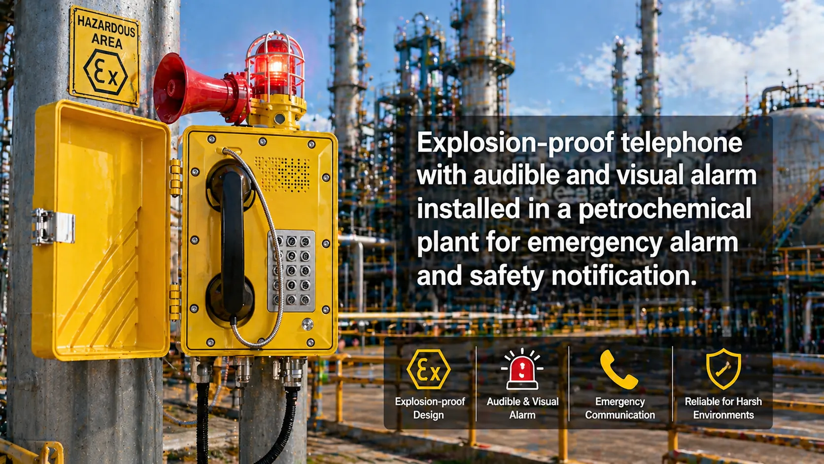 Explosion-proof telephone with audible and visual alarm installed in a petrochemical plant for emergency alarm and safety notification. 