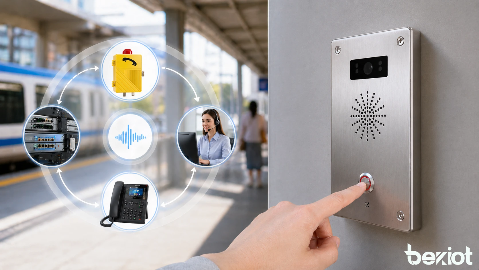 Industrial or public communication terminal with a prominent call button, clear identity indication, and control room linkage