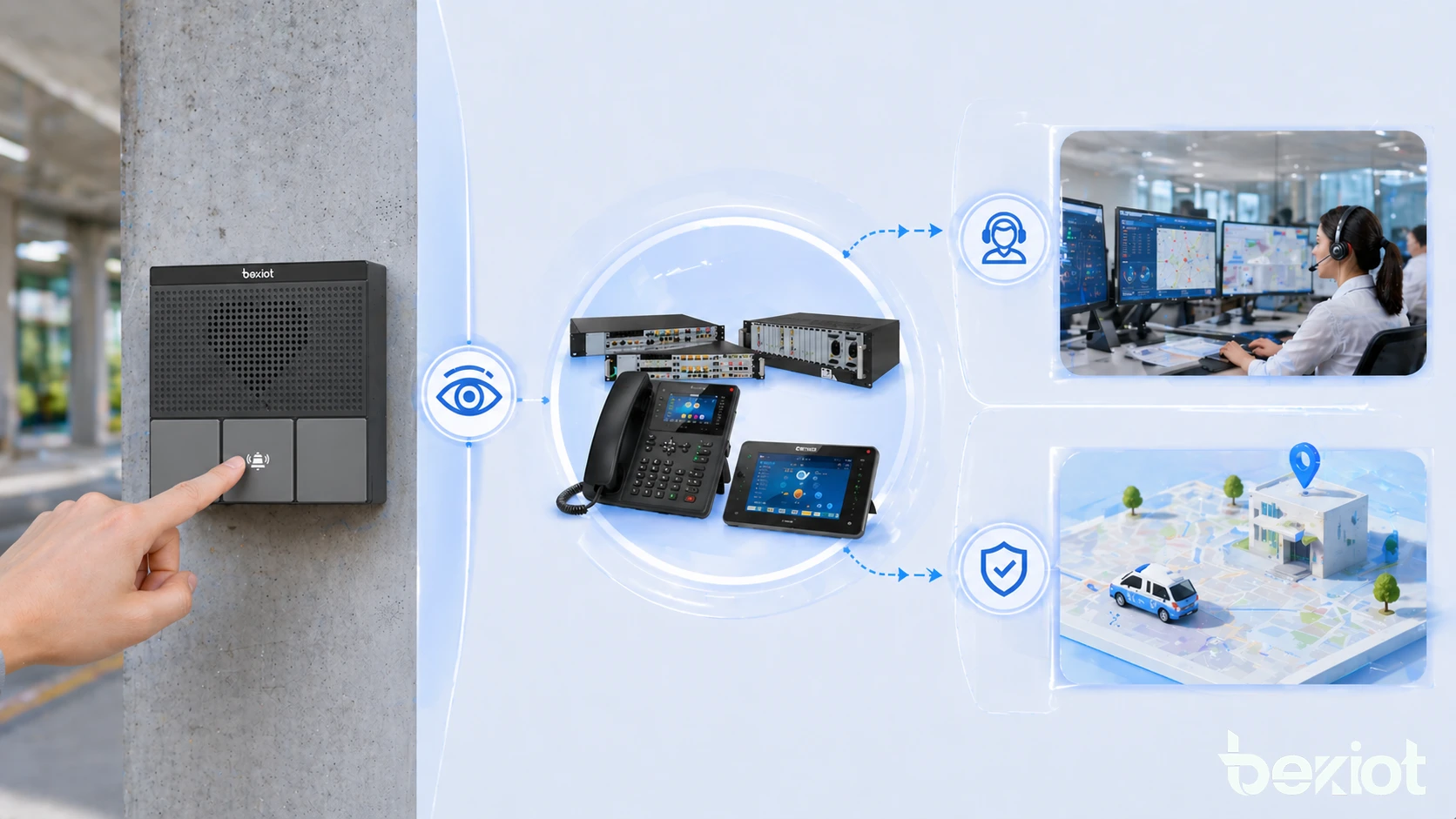 Call button deployment across campus help points, transport terminals, industrial work areas, and emergency communication stations