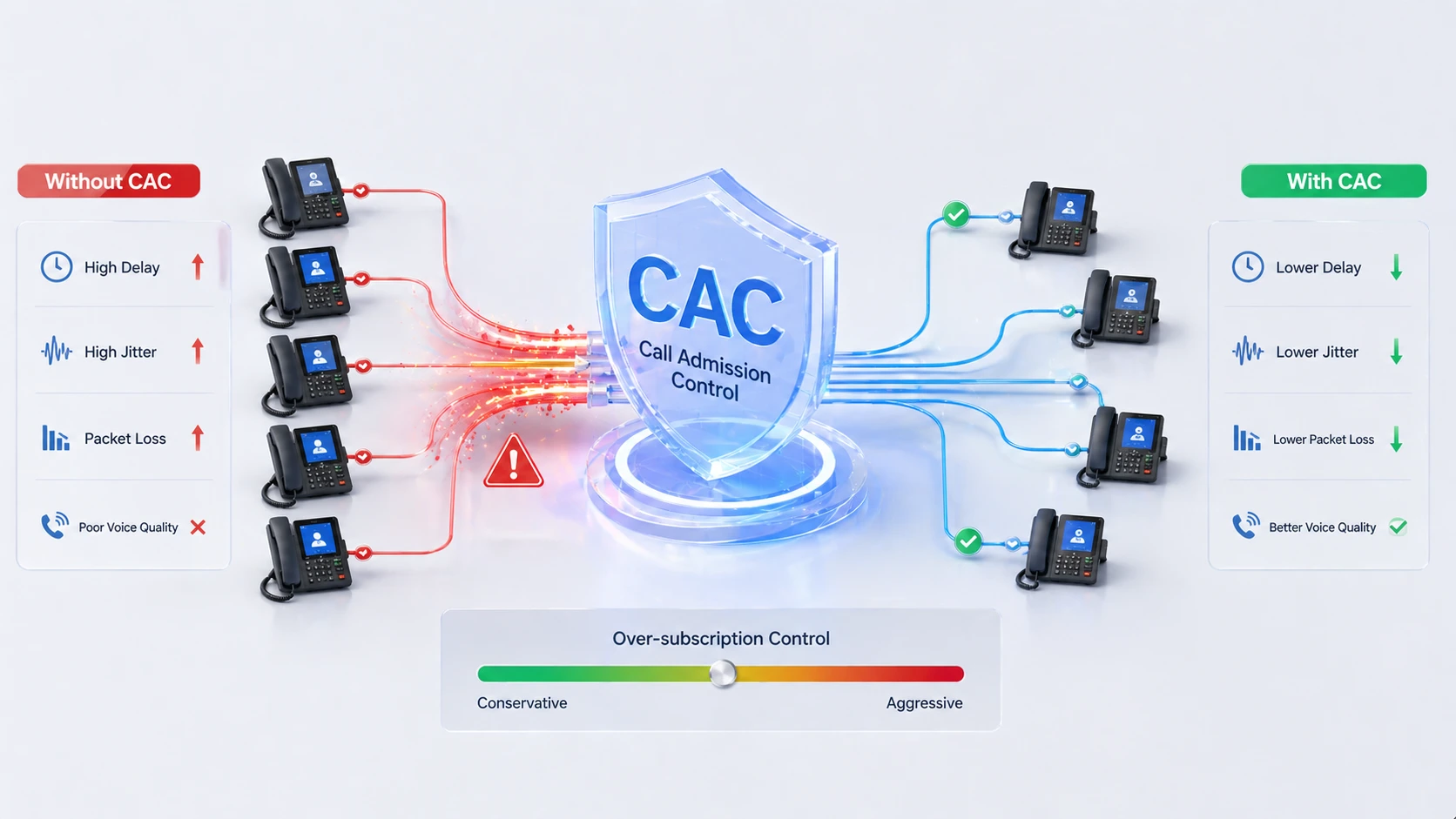 CAC reducing jitter delay and packet loss in enterprise VoIP traffic across a limited WAN link