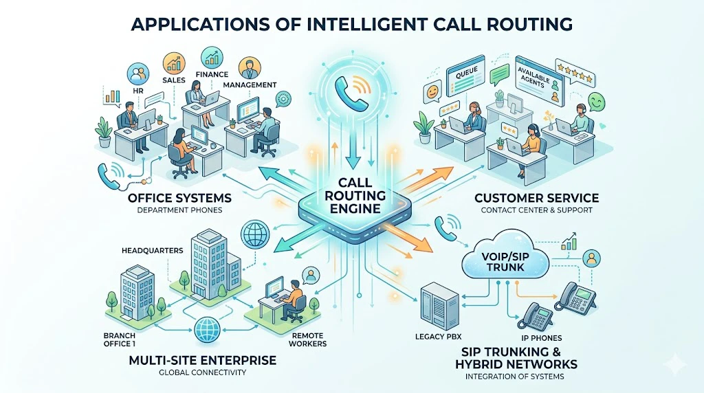 Call routing applications across office telephony, customer service, SIP trunks, branch communications, and multisite enterprise voice networks