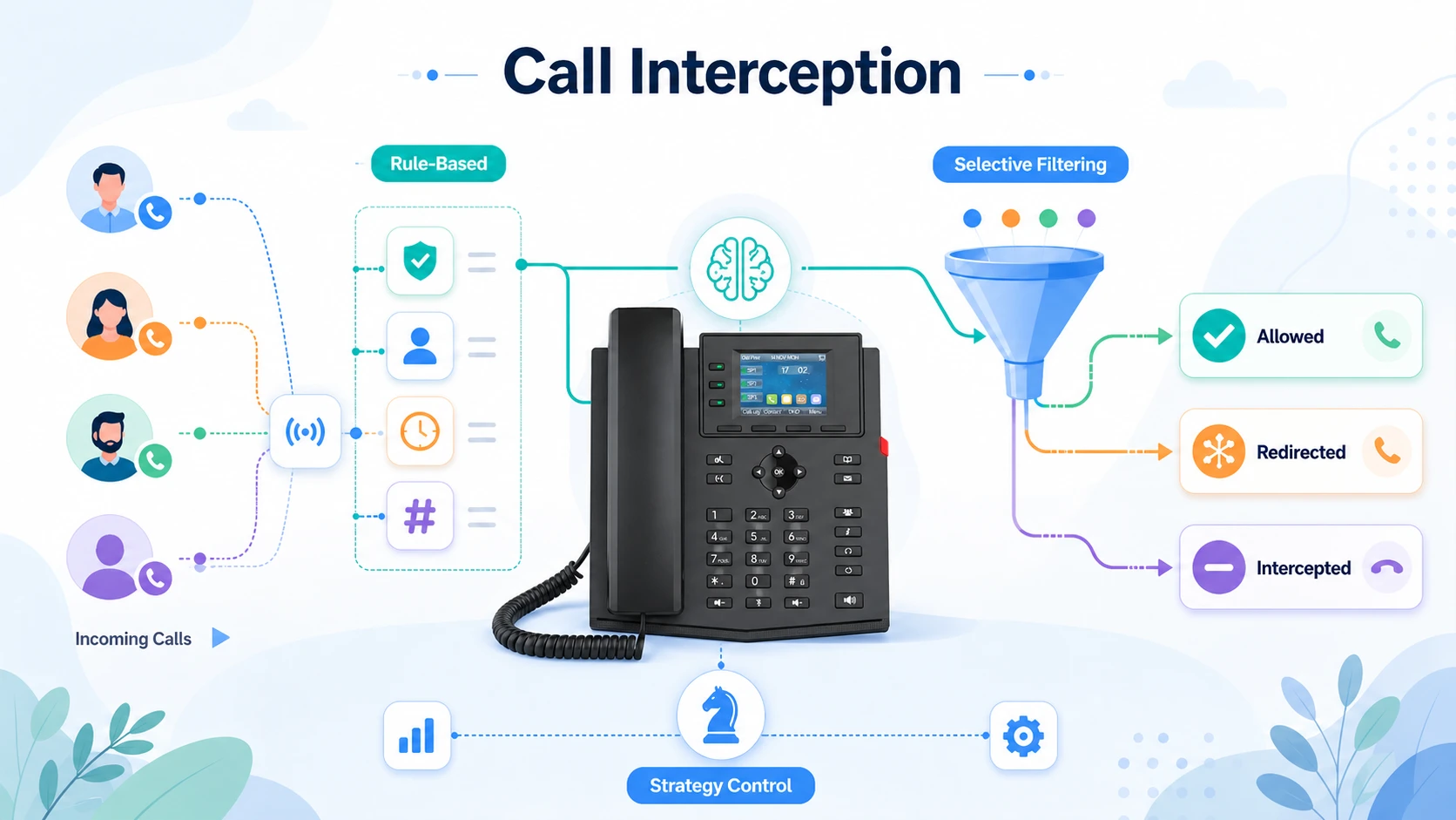 Call blocking characteristics shown through policy rules, selective number filtering, and telephony access control logic