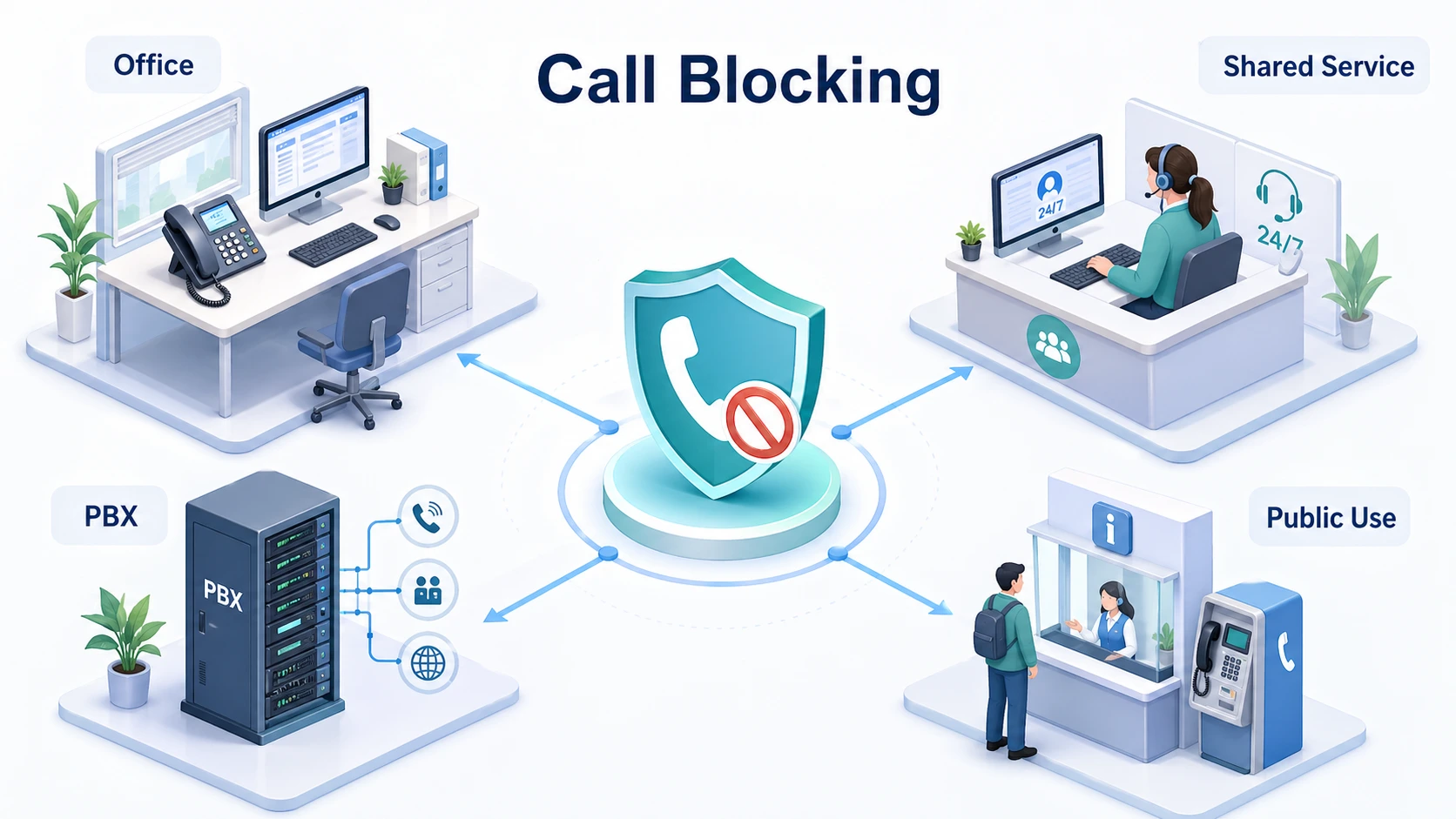 Call blocking used in office phones, customer service lines, shared PBX systems, and policy-controlled business telephony environments