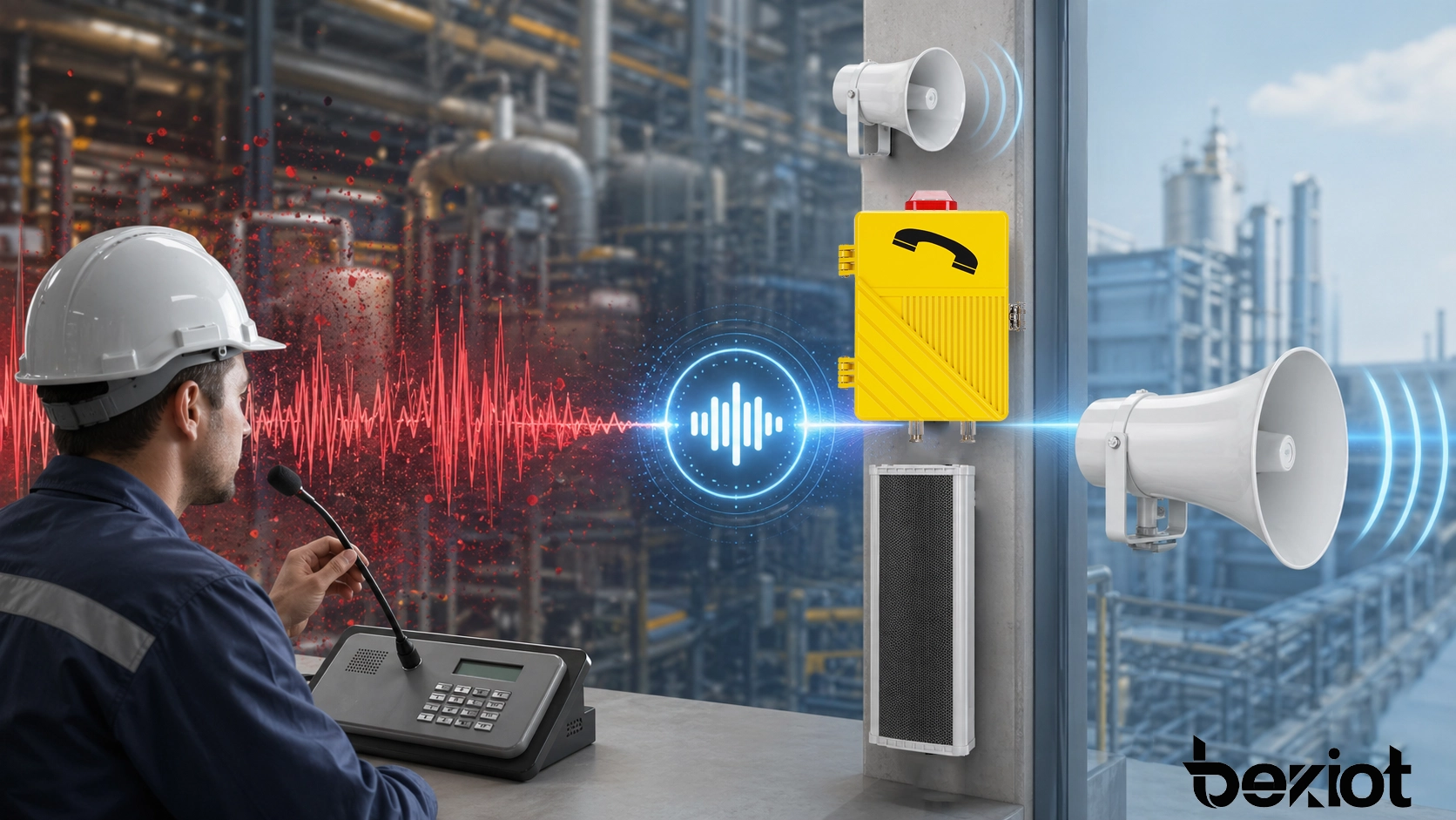 Noise Reduction NR concept showing background noise being reduced while clear speech remains in a business and industrial communication system