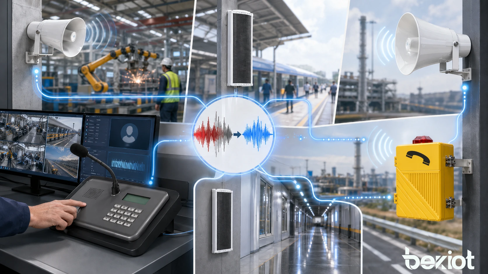 Noise Reduction applications across SIP intercom, industrial telephone, paging microphone, dispatch console, and emergency communication systems