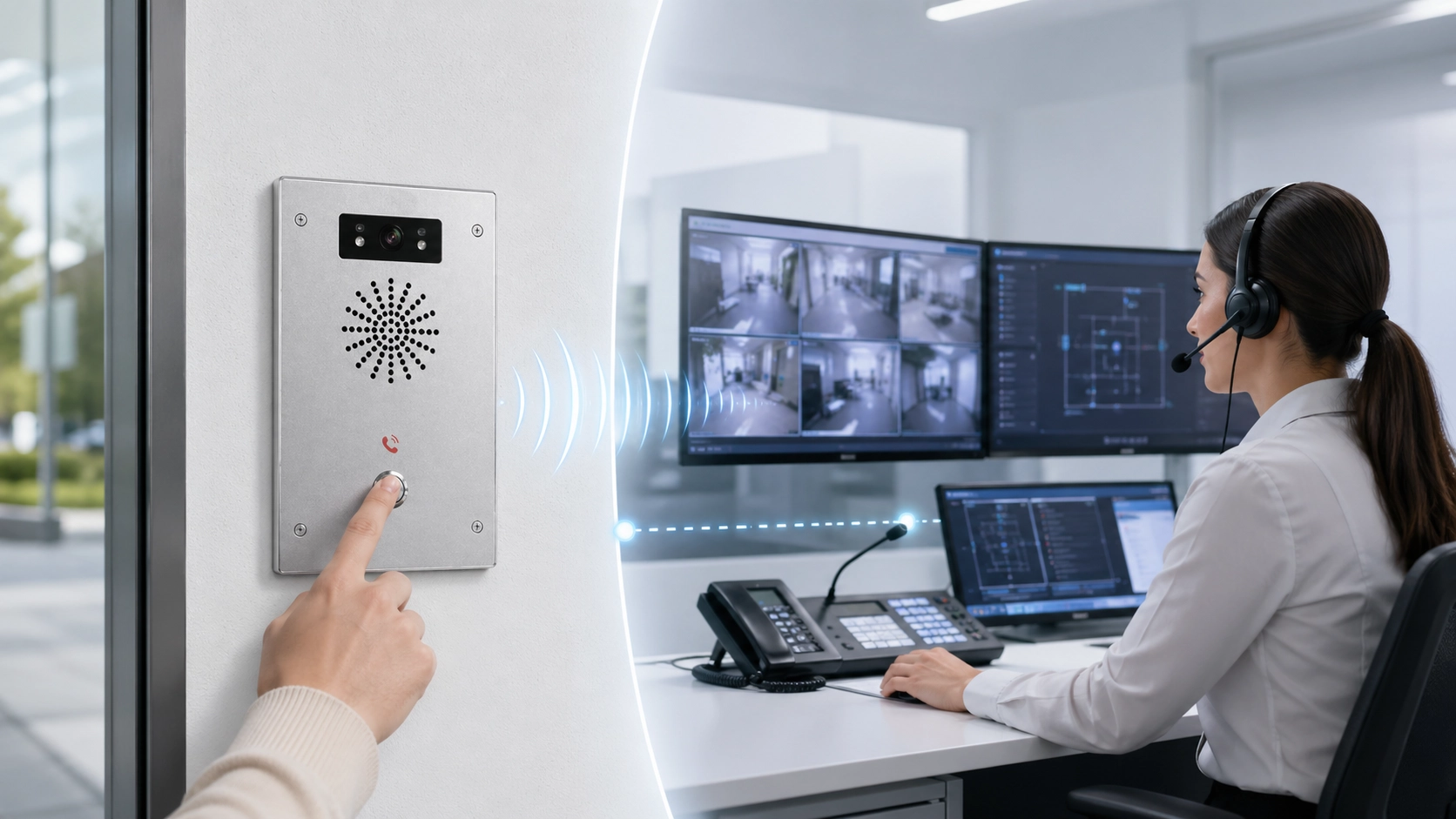 Talkback communication concept showing a control room operator speaking back to a field intercom user through a two-way voice system