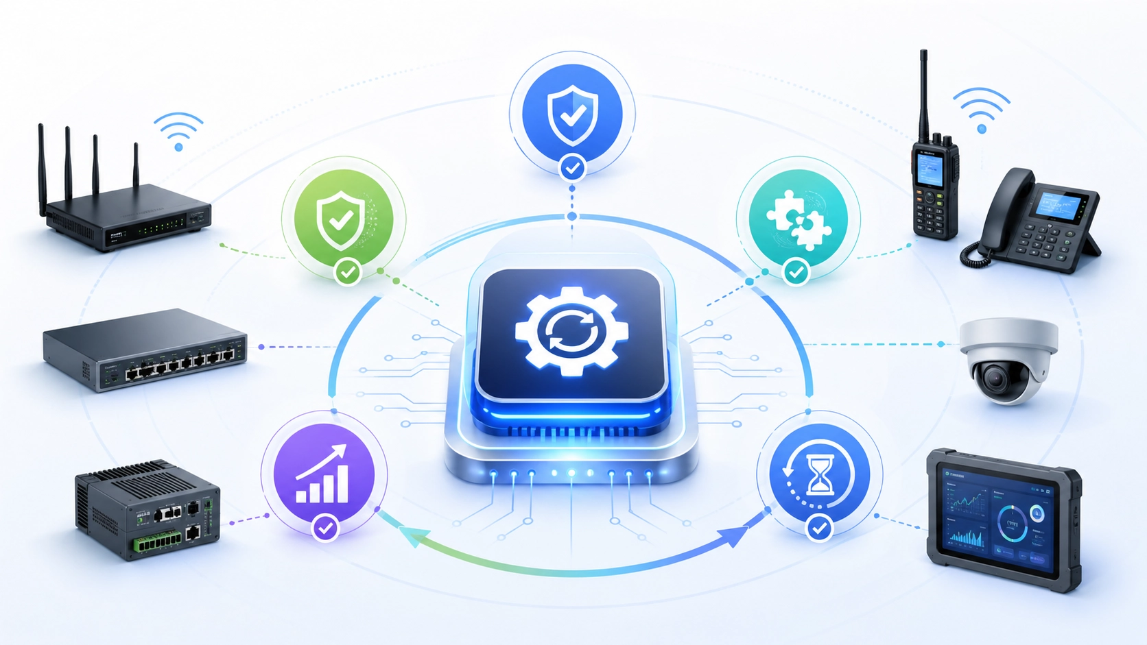 Firmware upgrade benefits showing improved device stability, security patches, compatibility updates, and feature optimization