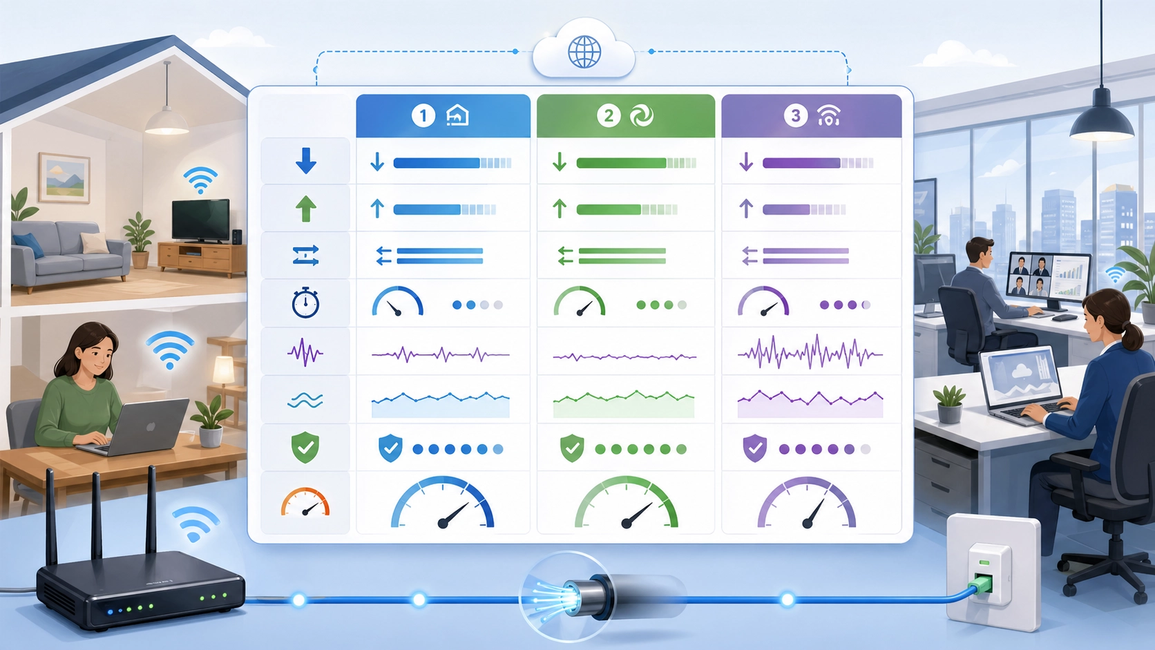 Fixed broadband provider comparison showing download speed upload speed latency consistency and network reliability metrics