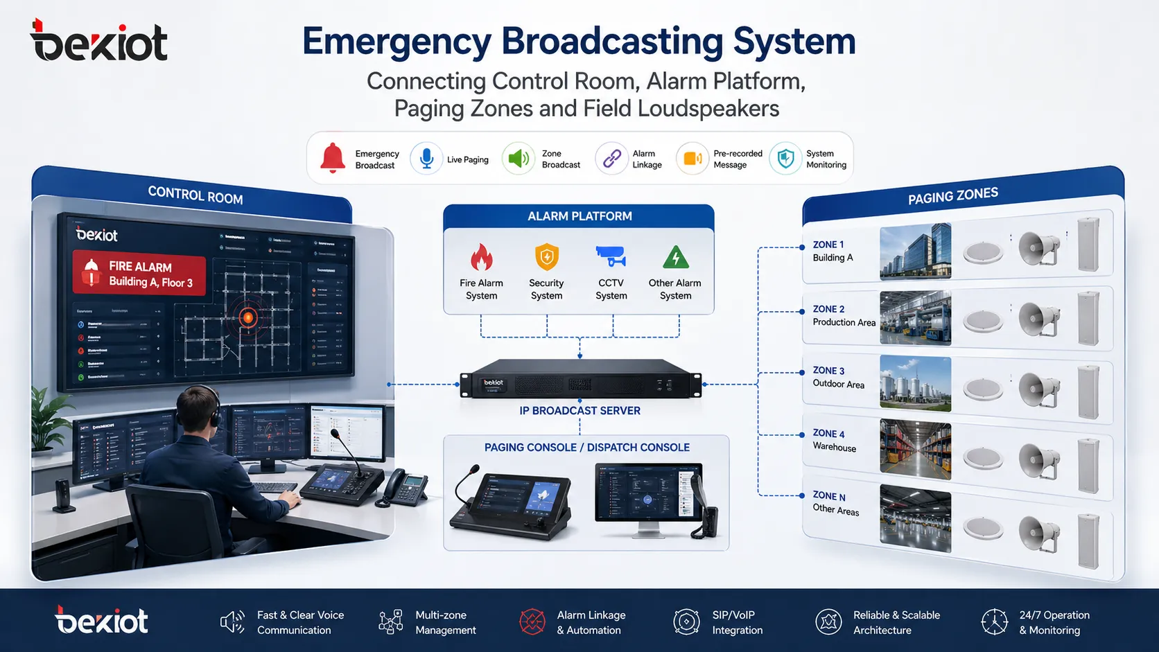 Emergency broadcasting system connecting control room alarm platform paging zones and field loudspeakers