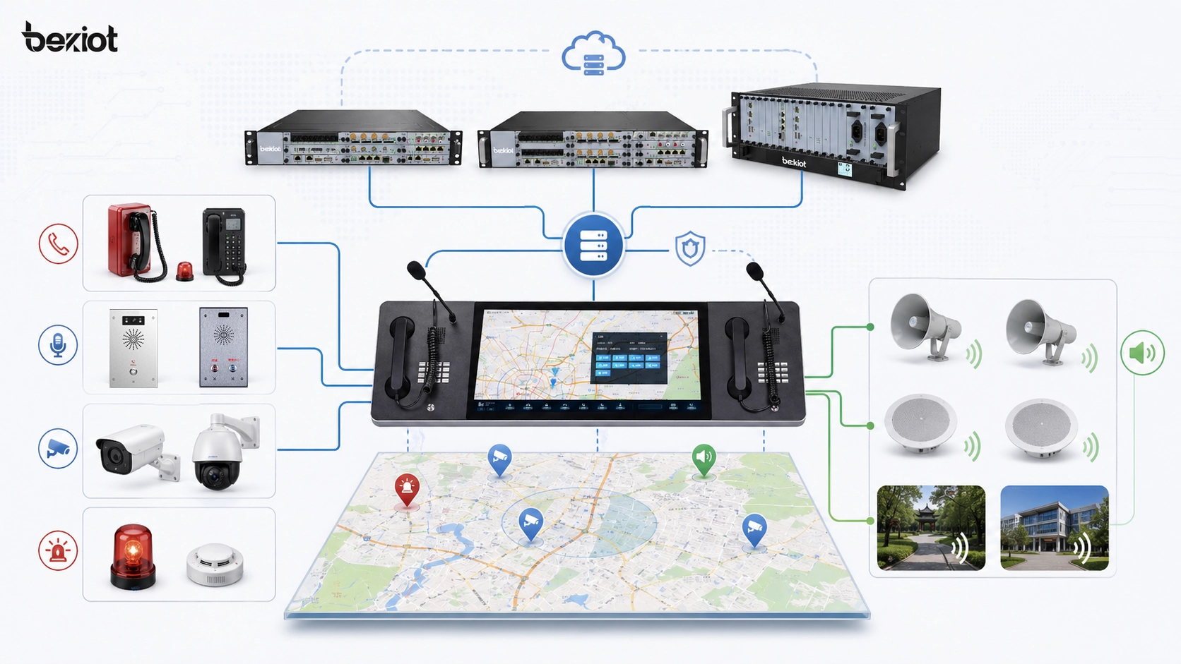 Map-based dispatching features showing real-time device status, operator availability, alarm location, video linkage, and paging zones