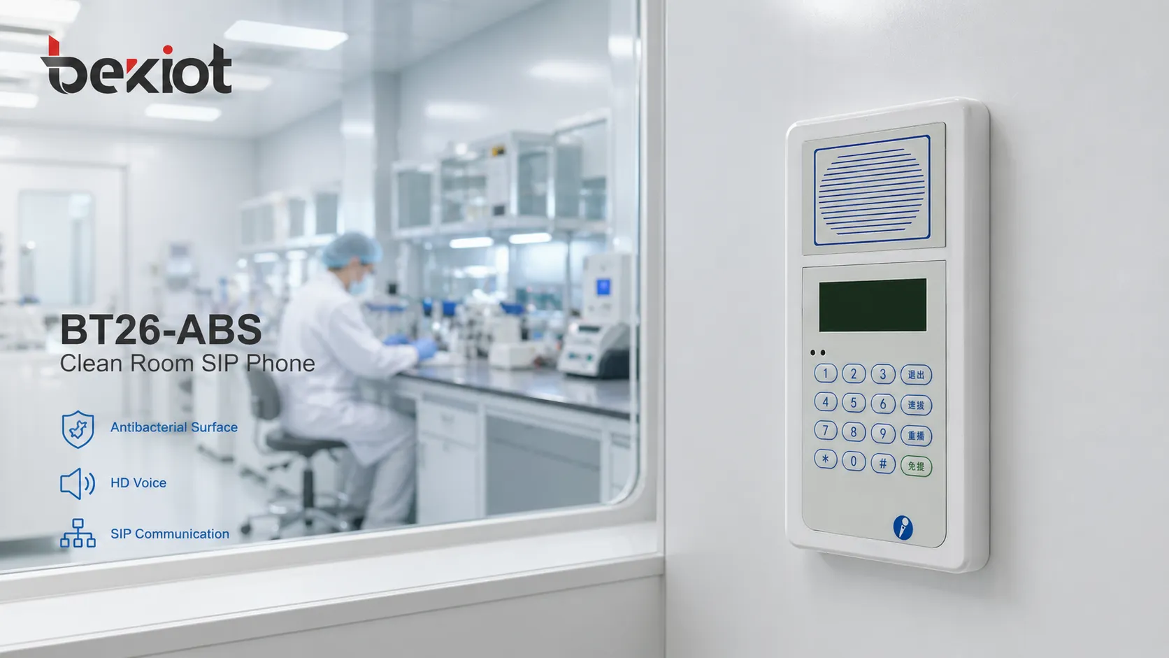 Clean room SIP phone installed on a hygienic wall in a hospital laboratory environment